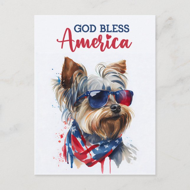 Patriotic Hund-Yorkie, Välsigna dig America Postca Vykort (Framsida)