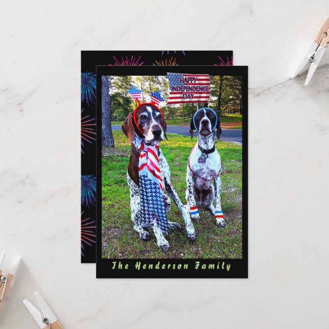 Patriotic Hundar & Fireworks Independence day Card Kort (Fram/Back In Situ)