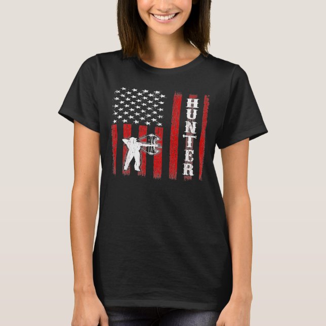 Patriotic Hunter Archery American Bow Hunting Back T Shirt (Framsida)
