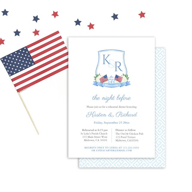 Patriotic Hydrangea Vapensköld Bröllop Rehearsal D Inbjudningar (Red White And Blue Watercolor Crest Wedding Rehearsal And Welcome Dinner Invitation)