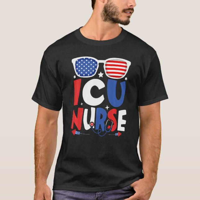 Patriotic Icu Nurse 4:e juli American Sunglasse T Shirt (Framsida)