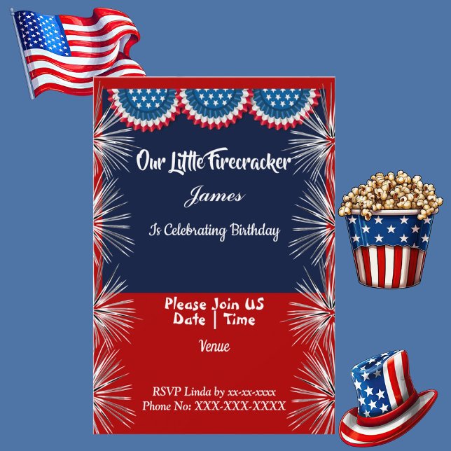 Patriotic Independence Firecracker Birthday Boy Inbjudningar (Patriotic Independence Firecracker Birthday Boy Invitation)
