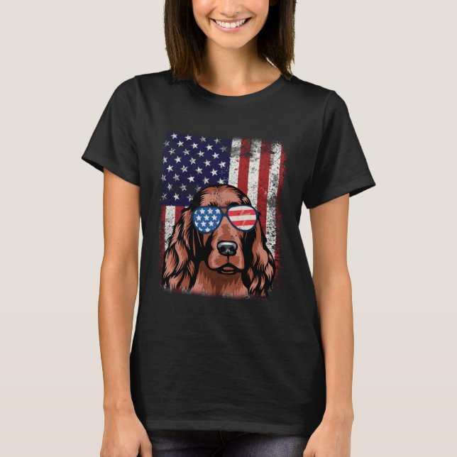 Patriotic Irish Setter American Flagga Hund T Shirt (Framsida)