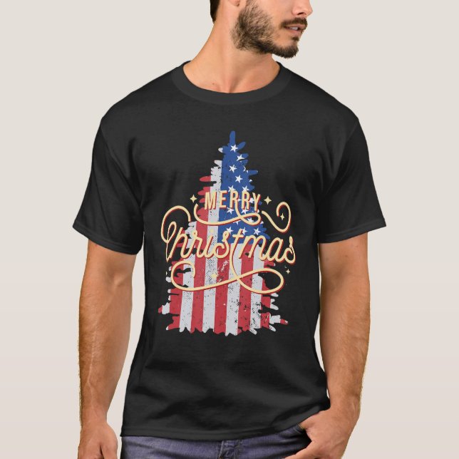 Patriotic Julgran Us Flagga Retro Merry Chris T Shirt (Framsida)