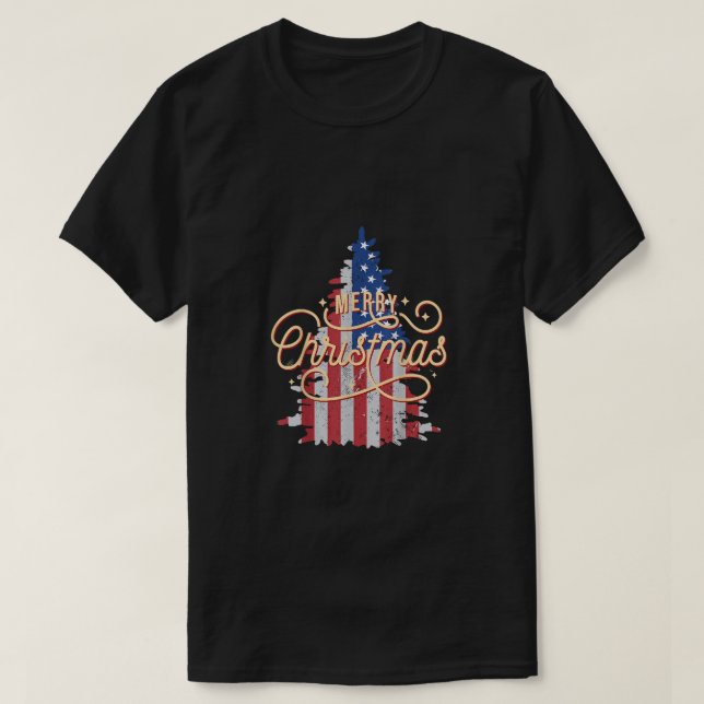 Patriotic Julgran US Flagga Retro Merry Chris T Shirt (Design framsida)