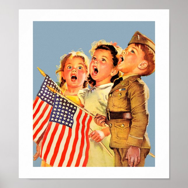 Patriotic Kids 1940 s Vintage Magazine Illustratio Poster (Framsidan)