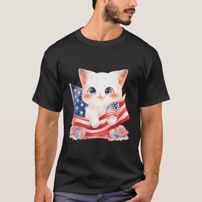 Patriotic Kitten 4:e juli USA Independence day T Shirt (Framsida)