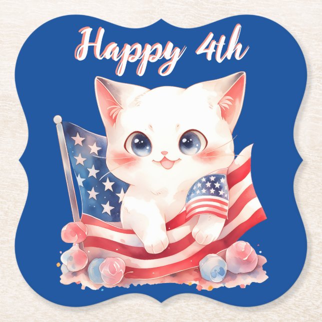 Patriotic Kitten 4 juli, Lycklig 4:e Anpassningsba Underlägg Papper (Framsida)