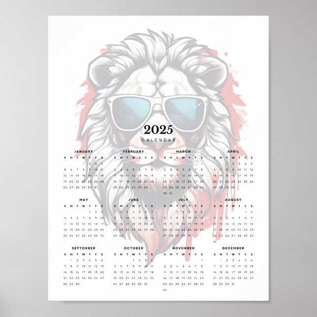 Patriotic Lejon Red White och Blue 2025 Calendar Poster (Framsidan)