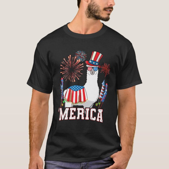 Patriotic Llama Merica Funny 4:e juli Fireworks T Shirt (Framsida)