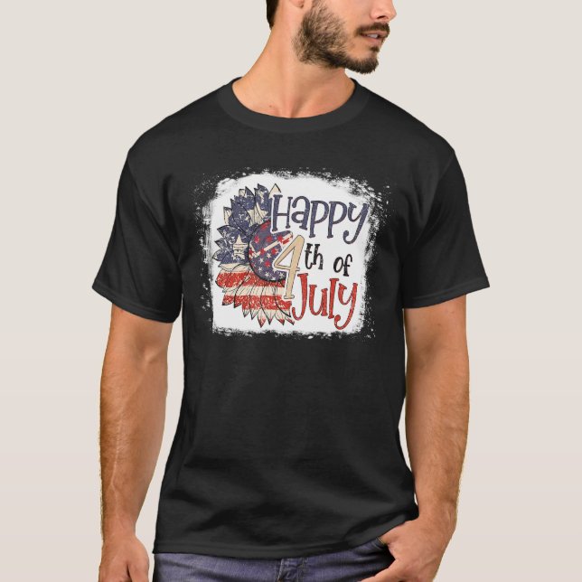 Patriotic Lycklig 4:e juli Solros USA Ameri T Shirt (Framsida)