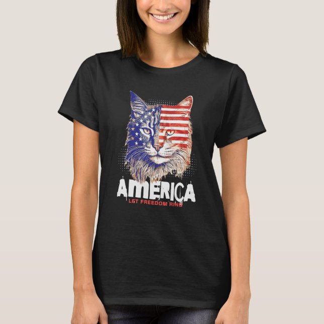 Patriotic Maine Coon Face Independence Day Feline  T Shirt (Framsida)