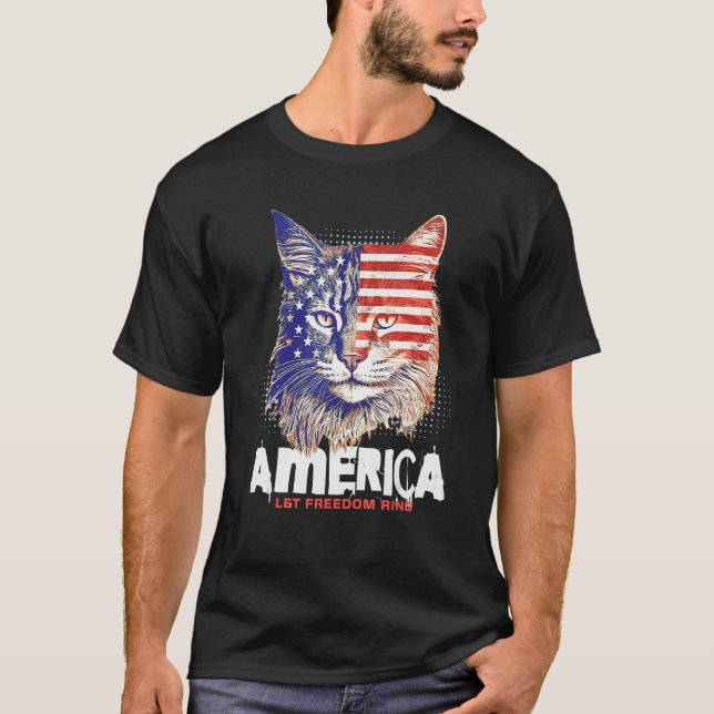 Patriotic Maine Coon Face Independence Day Feline  T Shirt (Framsida)