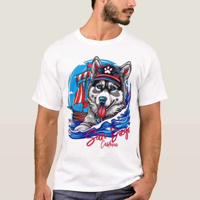 Patriotic Maritime Husky Malamute Hund, San Diego T Shirt (Framsida)
