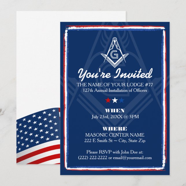 Patriotic Masonic-inbjudningar | Röd vit och blå Inbjudningar (Fram/baksida)