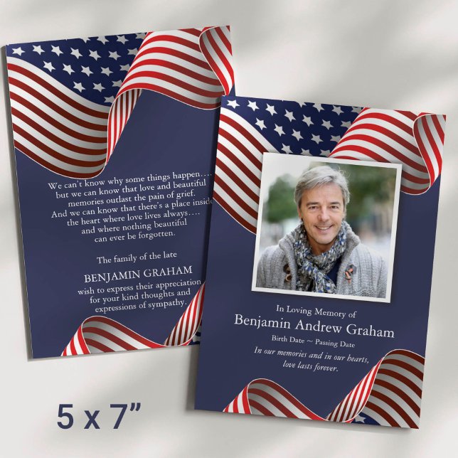 Patriotic Memorial Veteran American Flagga Funeral Inbjudningar (Patriotic USA Flag Photo Sympathy Veteran Funeral Thank You Card)