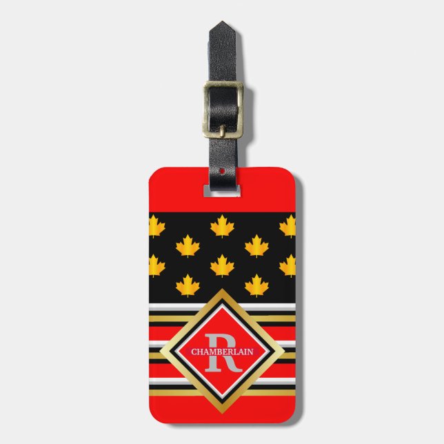 Patriotic Monogram Faux Guld Maple Red and Black Bagagebricka (Vertikal Framsida)