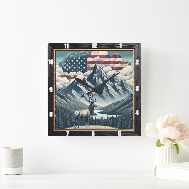 Patriotic Moose Mountain Natature Fyrkantig Klocka (Hem)