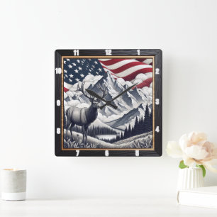 Patriotic Moose Mountain Rustic Fyrkantig Klocka