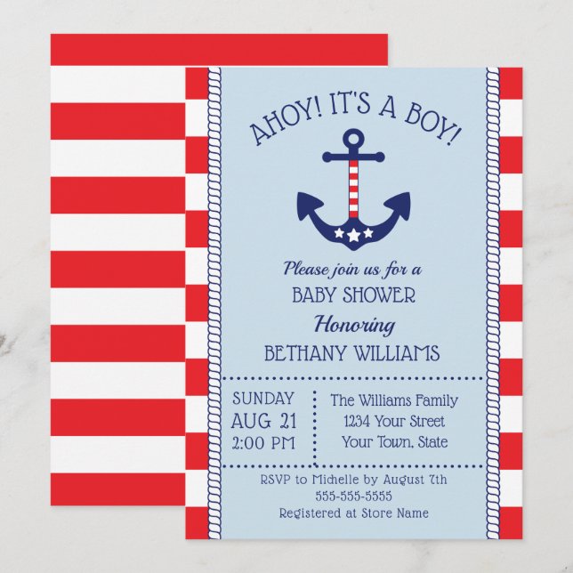 Patriotic Nautical Anchor Boy Baby Shower Inbjudningar (Fram/baksida)