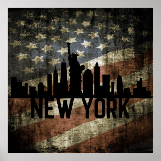 Patriotic New York Skyline Vintage American Flagga Poster