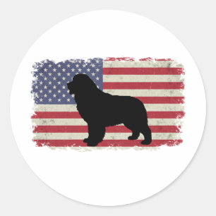 Patriotic Newfoundland HUND American Flagga Vintag Runt Klistermärke