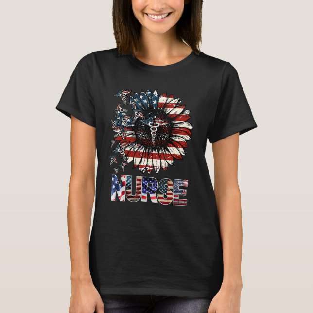 Patriotic Nurse 4th Of July American Flag Sunflowe T Shirt (Framsida)