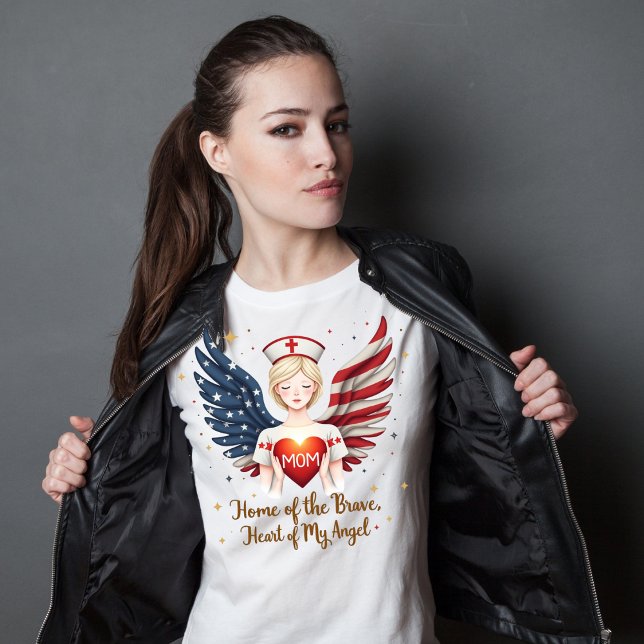 Patriotic Nurse Mamma Angel med American Flagga Vi T Shirt (Skapare uppladdad)