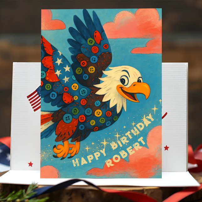 Patriotic Örn Birthday Whimsical Primitive Kort (Joyful bald eagle birthday card with patriotic patchwork, personalized name, and heartfelt message.)