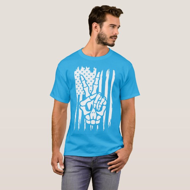 Patriotic Peace American Flagga Skeleton Hand T Shirt (Hel framsida)