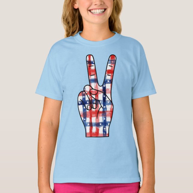 Patriotic Peace Sign Hand Abstract US Flag Pattern T Shirt (Framsida)