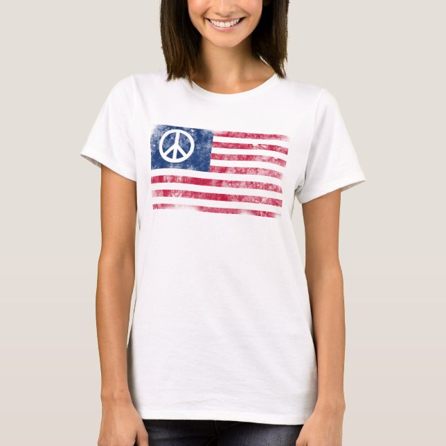 Patriotic Peace Symbol på amerikansk Flagga Tee (Framsida)