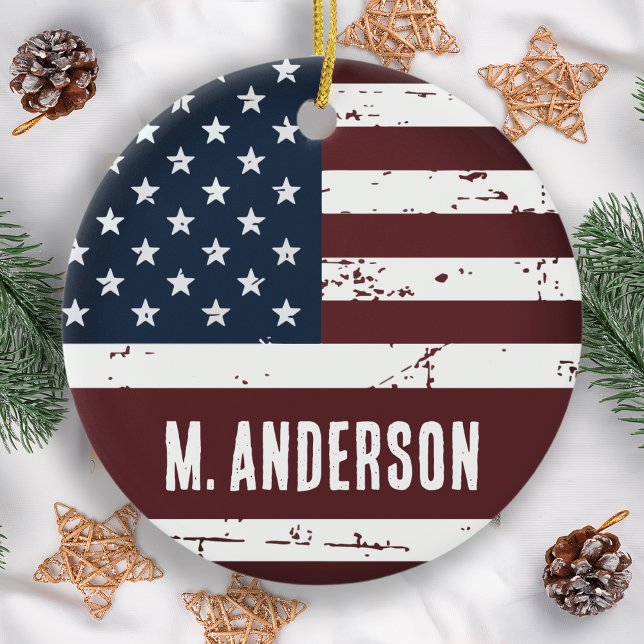 Patriotic Personlig USA American Flagga Julgransprydnad Keramik (Skapare uppladdad)