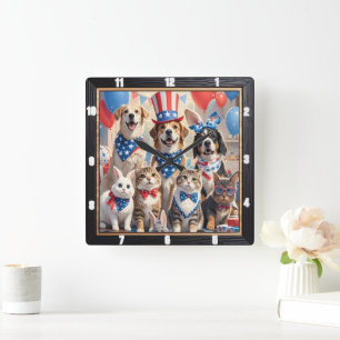 Patriotic Pets American Flagga Fyrkantig Klocka