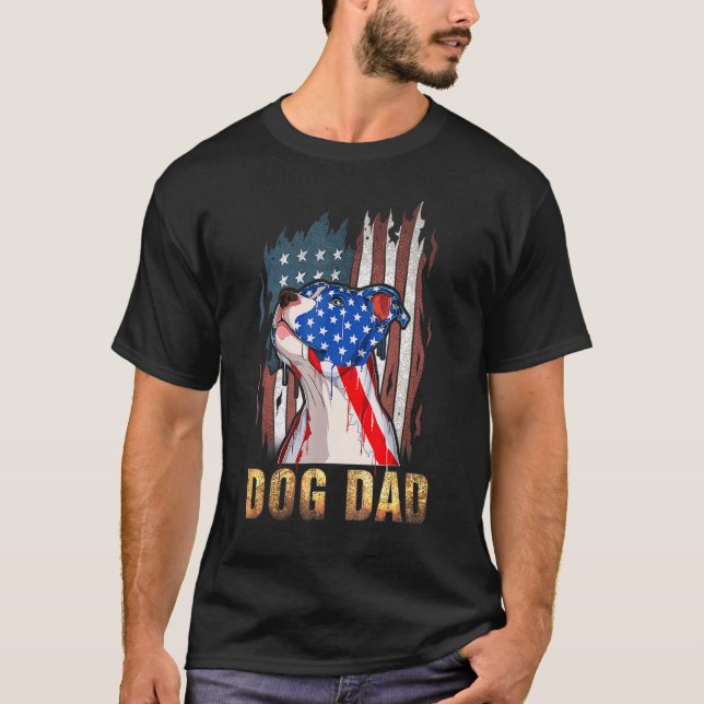 Patriotic Pitbull Pappa 4:e juli amerikanska Flagg T Shirt (Framsida)