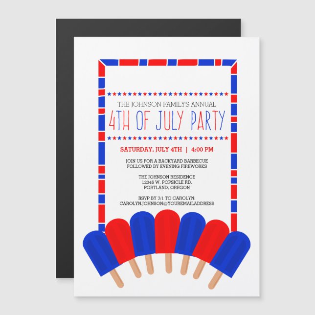 Patriotic Popsicles 4:e juli Party Magnetisk Inbjudningskort (Fram/baksida)