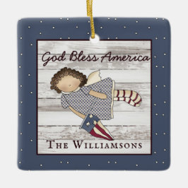 Patriotic Primitive Land Angel Family Namn Julgransprydnad Keramik