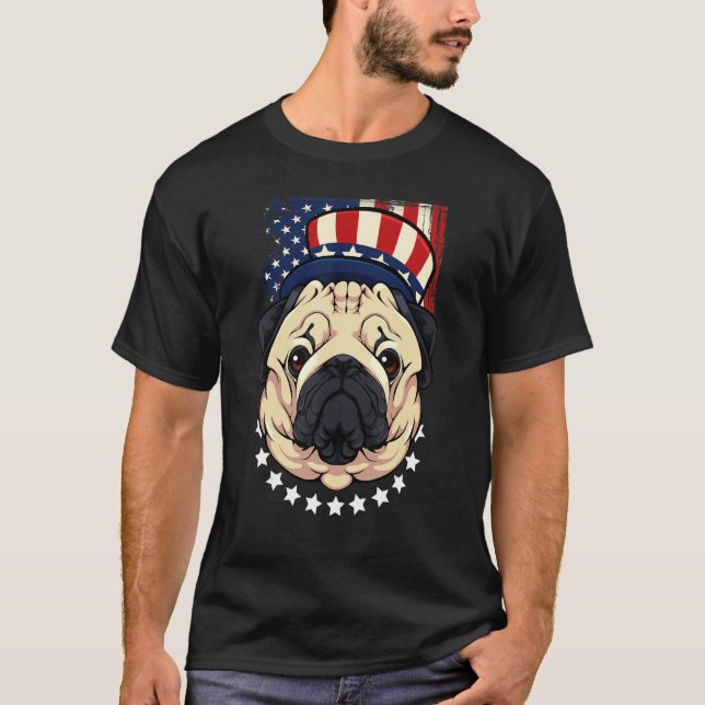 Patriotic Pug 4:e juli Cute Hund American Flagga H T Shirt (Framsida)