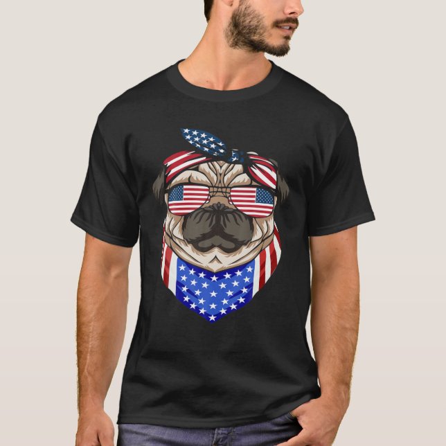 Patriotic Pug 4:e juli Cute Hund American Flagga S T Shirt (Framsida)