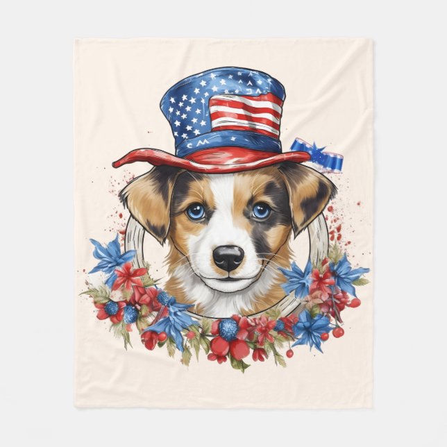 Patriotic Puppy 4:e juli USA Independence day Fleecefilt (Framsidan)