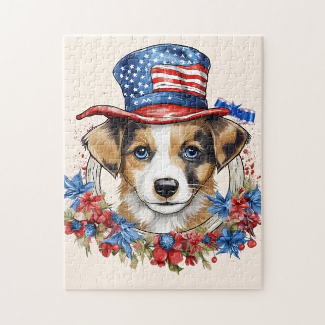 Patriotic Puppy 4:e juli USA Independence day Pussel (Vertikal)
