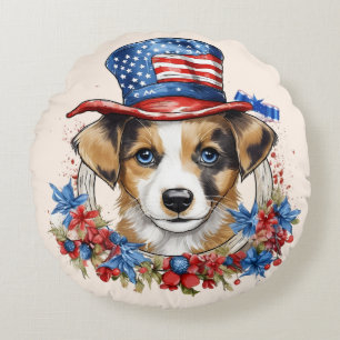 Patriotic Puppy 4:e juli USA Independence day Rund Kudde