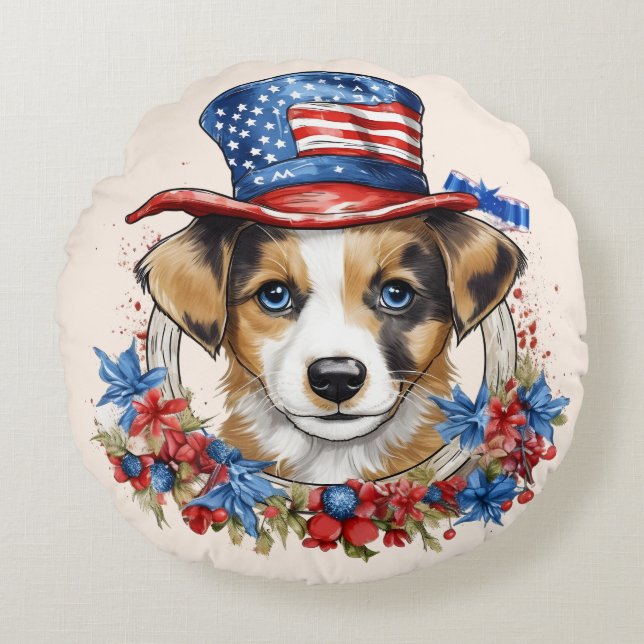 Patriotic Puppy 4:e juli USA Independence day Rund Kudde (Framsidan)