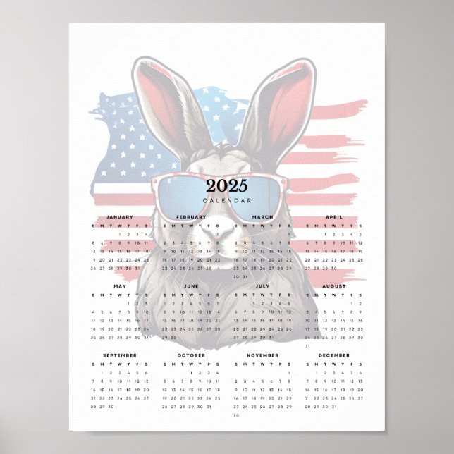 Patriotic Rabbit Red White och Blue 2025 Calendar Poster (Framsidan)