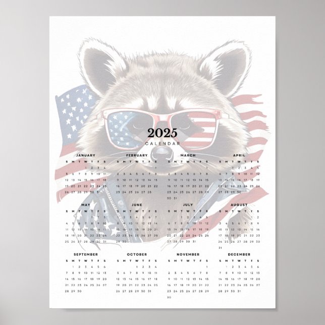 Patriotic Raccoon Rött vitt blått 2025 Calendar Poster (Framsidan)