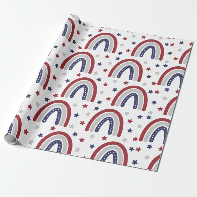 Patriotic Rainbow Stars och stripes Wrapping Pappe Presentpapper (Utrullad)