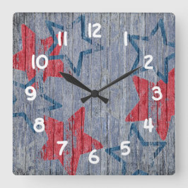 Patriotic Red and Blue Stars - Blue Barnboard Fyrkantig Klocka