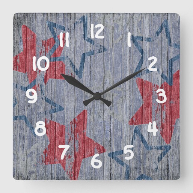 Patriotic Red and Blue Stars - Blue Barnboard Fyrkantig Klocka (Framsida)