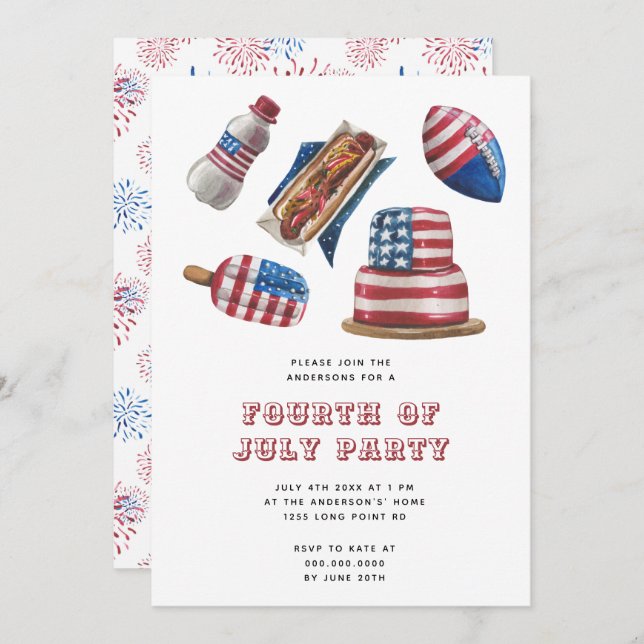 Patriotic Red & Blue BBQ Modern 4 juli Party Inbjudningar (Fram/baksida)