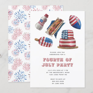 Patriotic Red & Blue BBQ Modern 4 juli Party Inbjudningar